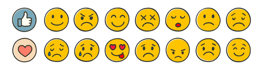 Emoji emoticon reaction faces collection on transparent background