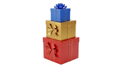 Stacked gift boxes in red gold and blue with bows create a festive holiday present arrangement against a for celebrations on transparent background