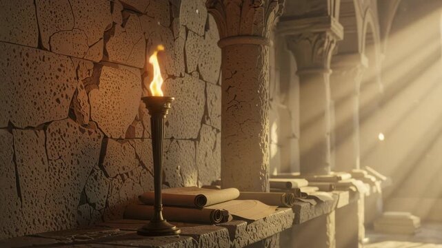 Ancient torch illuminating old scrolls in a mystical stone hall with sun rays for historical knowledge concept and spiritual discovery