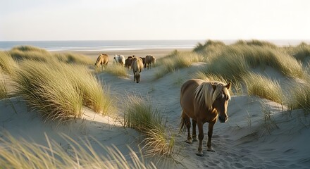 Horses Roam Sandy Dunes Near Ocean Under Bright Sunlight.