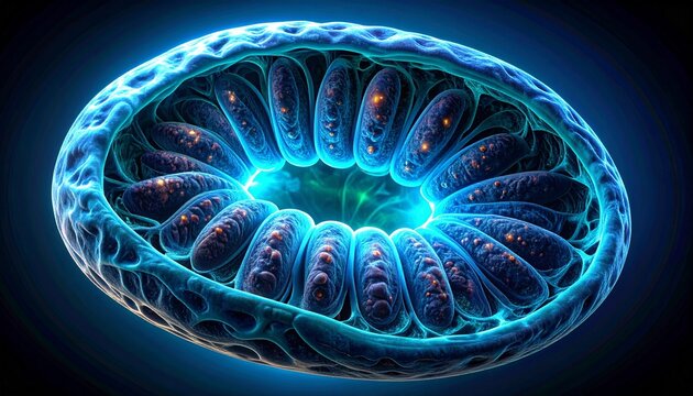 Abstract microscopic view of a biological or cellular structure with glowing internal components, representing bacteria, virus, or mitochondria against a dark blue background.
