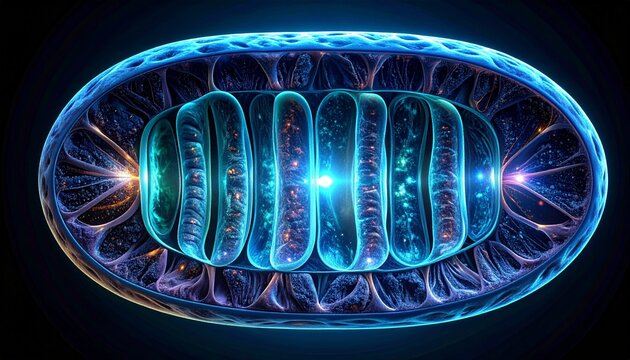 Vibrant 3D abstract illustration of a mitochondrion organelle, showing inner cristae and energy production, rendered in glowing blue scientific microscopy style.