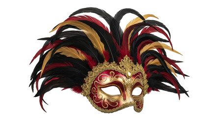Ornate venetian mask with feathers in black red and gold perfect for masquerade balls and theatrical performances on black on transparent background