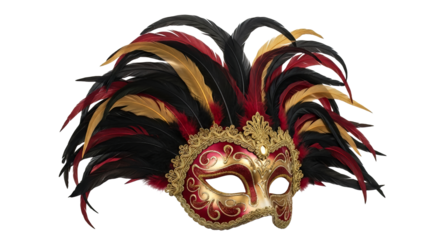 Ornate venetian mask with feathers in black red and gold perfect for masquerade balls and theatrical performances on black on transparent background
