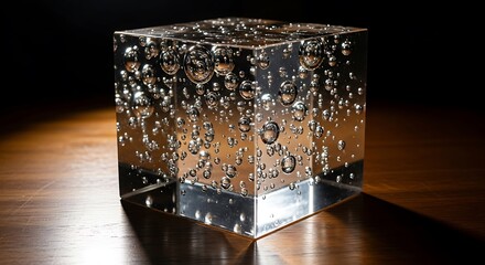 Obraz premium Illuminated transparent cube with trapped air bubbles on a reflective wooden surface.