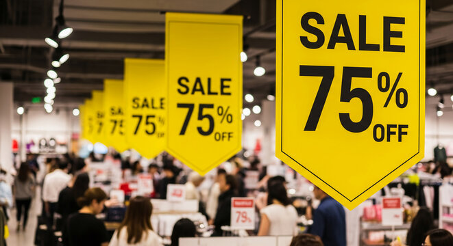 Retail store with yellow sale signs indicating 75% off discount in black lettering, symbolizing shopping, promotion, and commerce activity - Powered by Adobe
