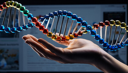 Human hand holding a colorful glass DNA double helix structure model, symbolizing biotechnology, genetic research, and sequencing technology.