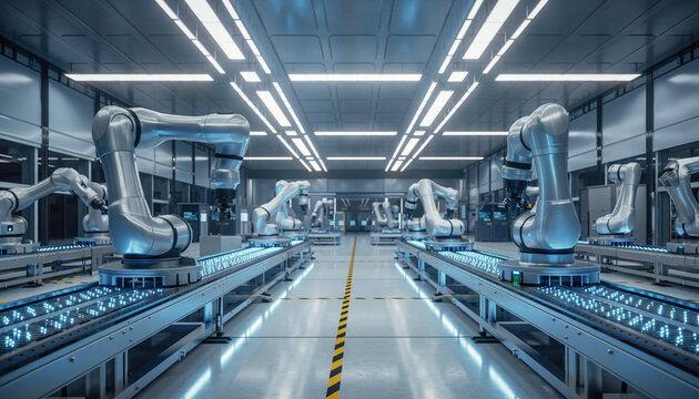 Automated production line with multiple robotic arms assembling products on glowing conveyor belts in a modern, clean factory setting.