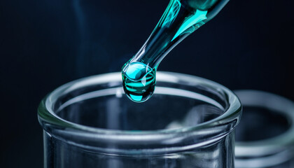 Macro shot of a pipette dropping a vibrant turquoise liquid into a scientific glass beaker during a chemical experiment or research process in a laboratory setting.