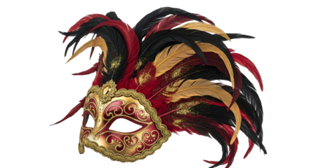 Ornate venetian mask with gold details and vibrant feathers perfect for masquerade balls and festive celebrations a symbol of mystery on transparent background