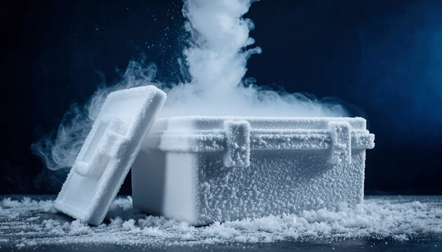 Insulated storage container covered in deep frost and ice, emitting cold cryogenic vapor and smoke against a dark background.