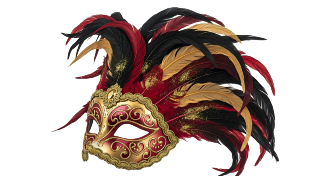 Ornate venetian mask with gold details and vibrant feathers perfect for masquerade balls and festive celebrations a symbol of mystery on transparent background