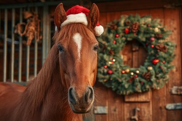 Brown horse wearing Santa hat standing in front of wooden stable with decorated Christmas wreath. Studio animal portrait. Christmas and New Year holiday celebration concept. Design for greeting card