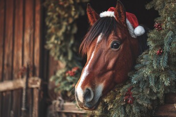 Brown horse wearing Santa hat standing in front of wooden stable with decorated Christmas wreath. Studio animal portrait. Christmas and New Year holiday celebration concept. Design for greeting card