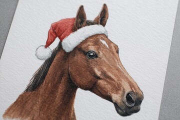 Illustration of brown horse wearing Santa hat on white textured paper. Watercolor animal portrait. Christmas and New Year holiday celebration concept. Design for greeting card, postcard, invitation