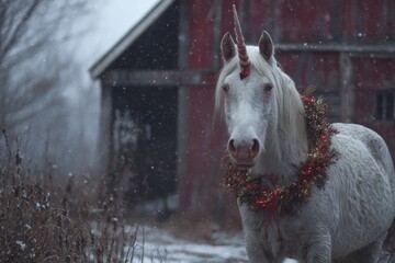 White horse dressed as unicorn with red horn and Christmas garland standing near old wooden barn in snowy field. Studio animal portrait. Christmas and New Year celebration concept. Design for greeting