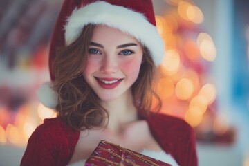 Woman wearing Santa hat and red costume holding gift box with blurred festive lights in background. Studio portrait photography. Christmas and New Year celebration concept. Design for greeting card