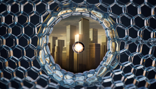 3D render of a futuristic cityscape viewed through a translucent hexagonal molecular lattice, symbolizing technology, urban development, and connection.