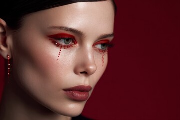 Woman with red and white rhinestone eye makeup, glossy lips, and red outfit on dark background. Studio fashion beauty portrait. Glamour makeup and holiday styling concept. Design for poster, banner, c