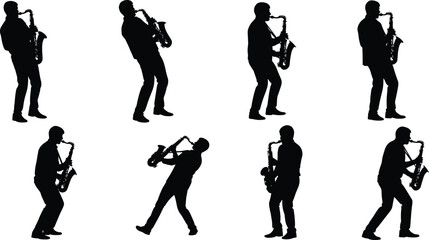 Saxophone Player Silhouette Vector Set, Male Musician in Dynamic Poses, Black Jazz Band Graphic for Music, Concert, Live Performance, and Blues Club Design