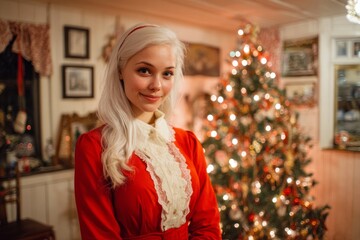 Woman in vintage-style red and white dress standing in cozy decorated room with Christmas tree and warm lights. Studio lifestyle portrait. Christmas and New Year holiday celebration concept. 