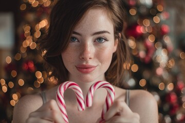 Woman holding two candy canes shaped like a heart in front of blurred Christmas tree with warm lights. Studio portrait photography. Christmas and New Year holiday celebration concept. 