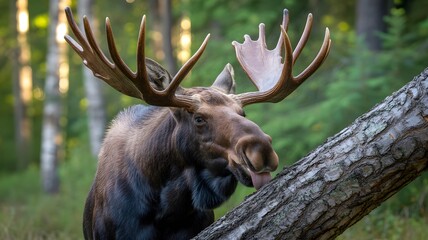 Majestic bull moose with large antlers in a sunlit forest