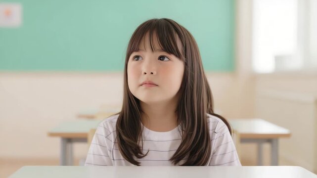 Thoughtful Asian schoolgirl looking introspective in an empty classroom, illustrating a deep learning concept and quiet reflection
