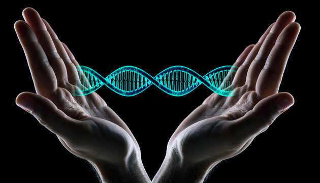 Human hands protecting and presenting a glowing blue digital DNA double helix structure against a dark background, symbolizing genetic research and biotechnology. - Powered by Adobe