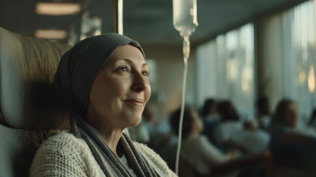 Woman receiving intravenous chemotherapy treatment, looking hopeful