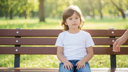 Upset young boy sitting on a park bench receiving comfort from an adult hand for emotional support concept and childhood struggles
