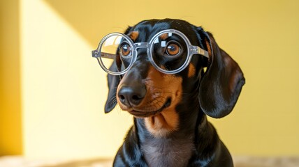 Cute dachshund dog wearing large round glasses looking smart and funny
