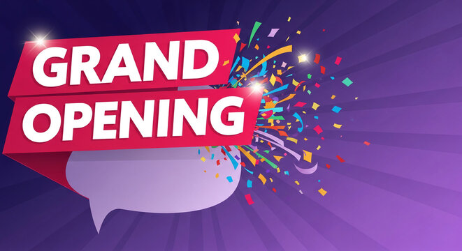Illustration of a Grand Opening announcement with red banner, white text and confetti on purple background, symbolizing celebration, promotion, event