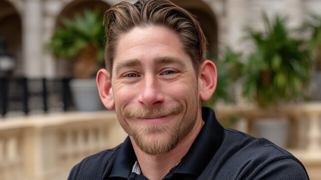 Man with light brown hair and blue eyes smiles directly at the viewer. He wears a dark polo shirt and stands outdoors near plants