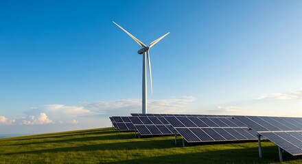 Renewable energy farm with wind turbine and solar panels on a green hill.