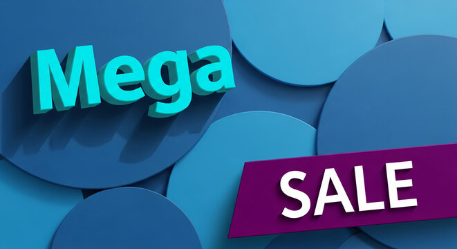 Composition with blue circles and text "Mega Sale", representing promotional concept and discount event, suitable for commerce, retail or advertising
