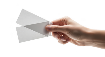 A human hand holding a small, folded piece of white paper or card stock isolated on transparent background