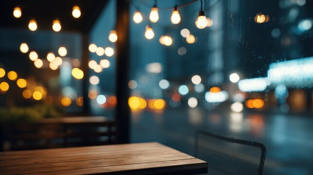 Cafe interior with warm lights at night