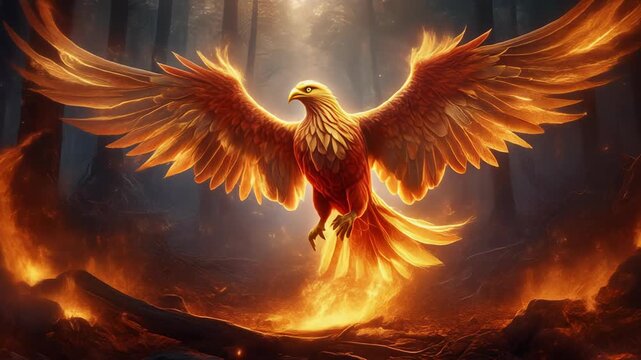Fiery avian creature flying above the forest floor, majestic wings glowing with embers and fire, symbolic bird of rebirth