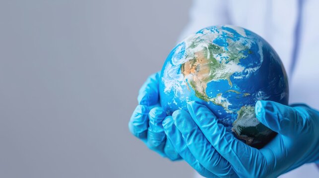 Global health awareness on international day of epidemic preparedness. Horizontal banner. Copy space. Globe in hands in medical gloves on a grey background