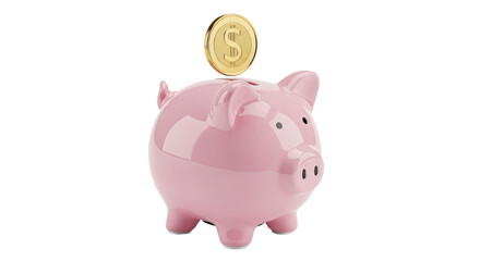 Pink piggy bank with a gold dollar coin falling into the slot symbolizing savings investment and financial planning for the future on transparent background
