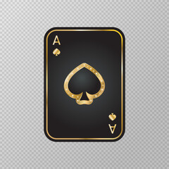 Golden playing card isolated on transparent background. Ace of  spades. Black gaming card with golden elements and diamonds. Gambling games symbol. Poker image. Gaming cards. Vector illustration. 