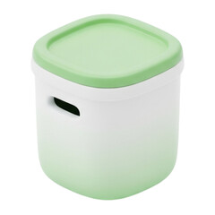 A simple, modern, square-shaped storage container with a light green lid and white body, perfect for organizing any space