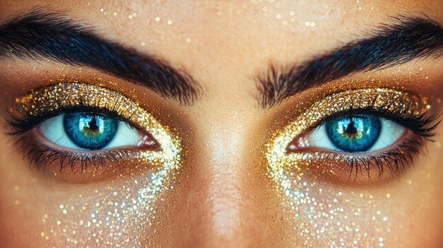 Close-up of a woman's face with bold, golden glitter eyeshadow and striking blue eyes - Powered by Adobe