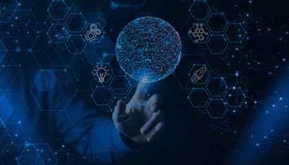 Human Hand Touching Digital Globe with Hexagonal Icons Representing AI and Innovation