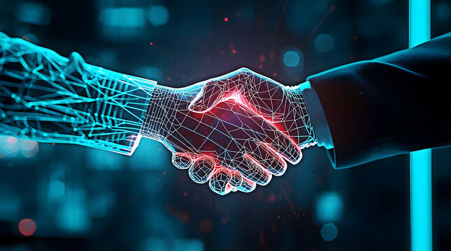 Human and AI Handshake – Digital Partnership and Future Technology Concept - Powered by Adobe