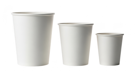 Three plain white disposable paper cups of varying sizes isolated on transparent background
