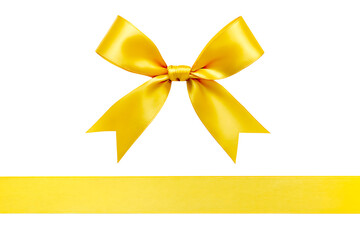 Golden Yellow Satin Ribbon Bow on Solid Background: Premium Luxury Silk Fabric for Gift Wrap and Decoration