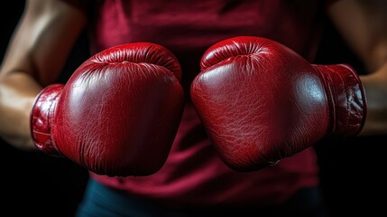 A person with strong arms wears red boxing gloves. The gloves are held in front of the person. The background is a dark color