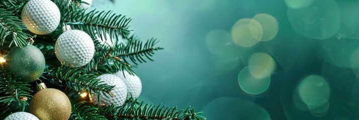 Festive christmas tree with golf ball ornaments for unique holiday decoration. Green background, bokeh effect. Horizontal banner. Copy space. Free space for text